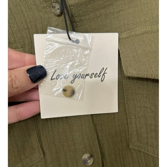 Grace+Karma Olive Green Gauze Cotton Button Down Relaxed Fit Blouse Small New - Picture 9 of 11